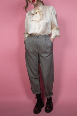 Sivé vlnené vintage nohavice s vysokým pásom - L