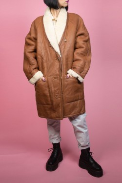 Hnedý kožený vintage kabát - UNI
