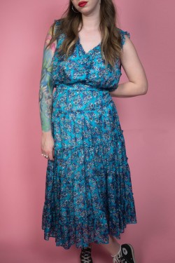 Modrý kvetovaný vintage set sukňa & blúzka - L